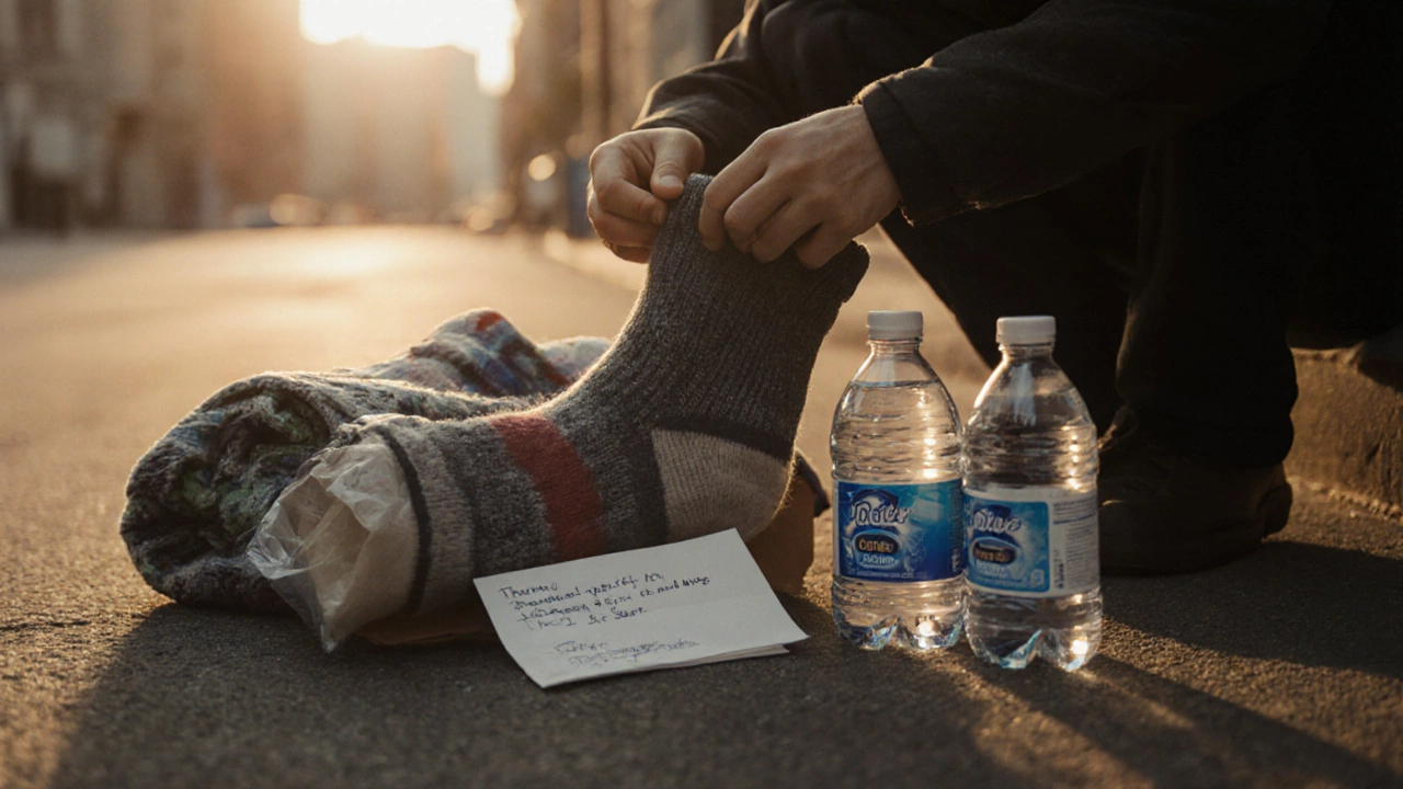 Person opening a care package with socks, water, and a note under warm evening light.