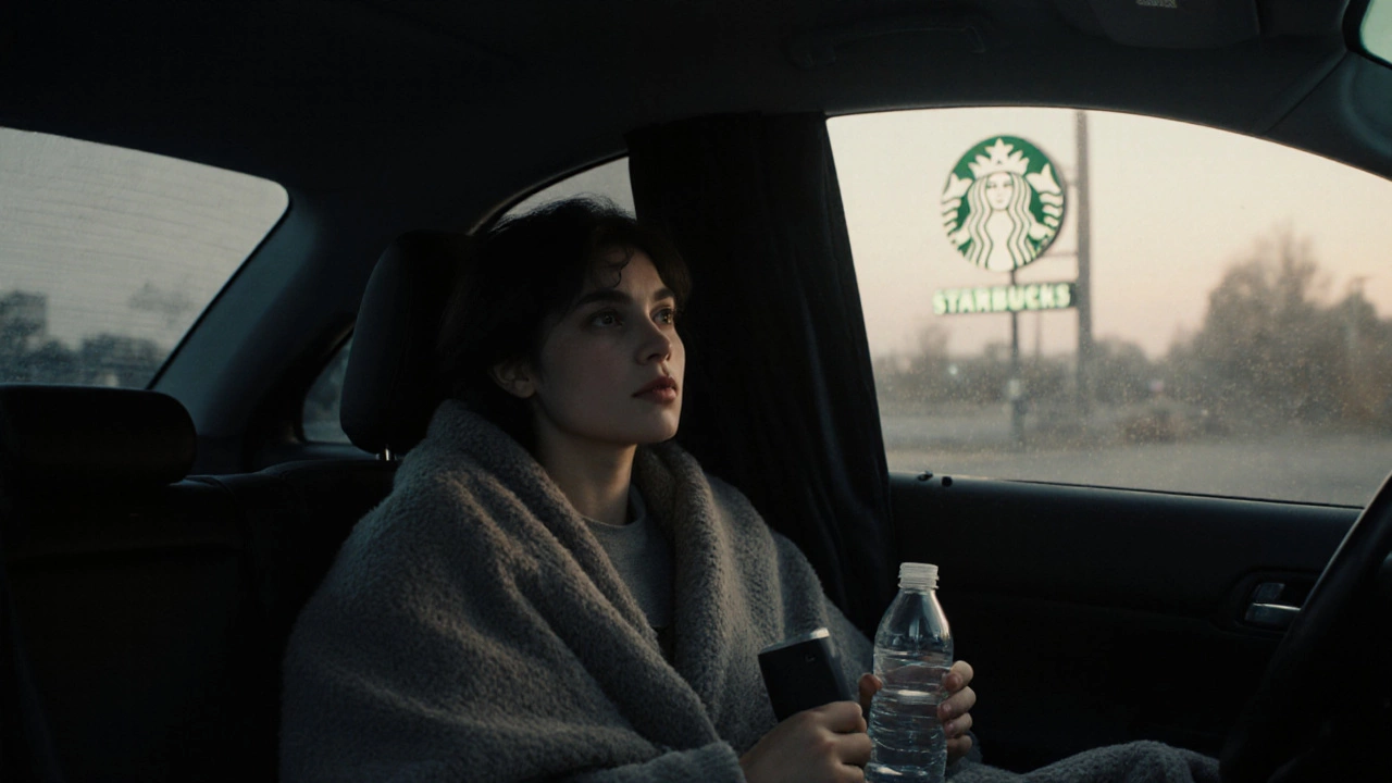 Someone sleeping in the back seat of a car at dawn, surrounded by essentials, near a coffee shop.