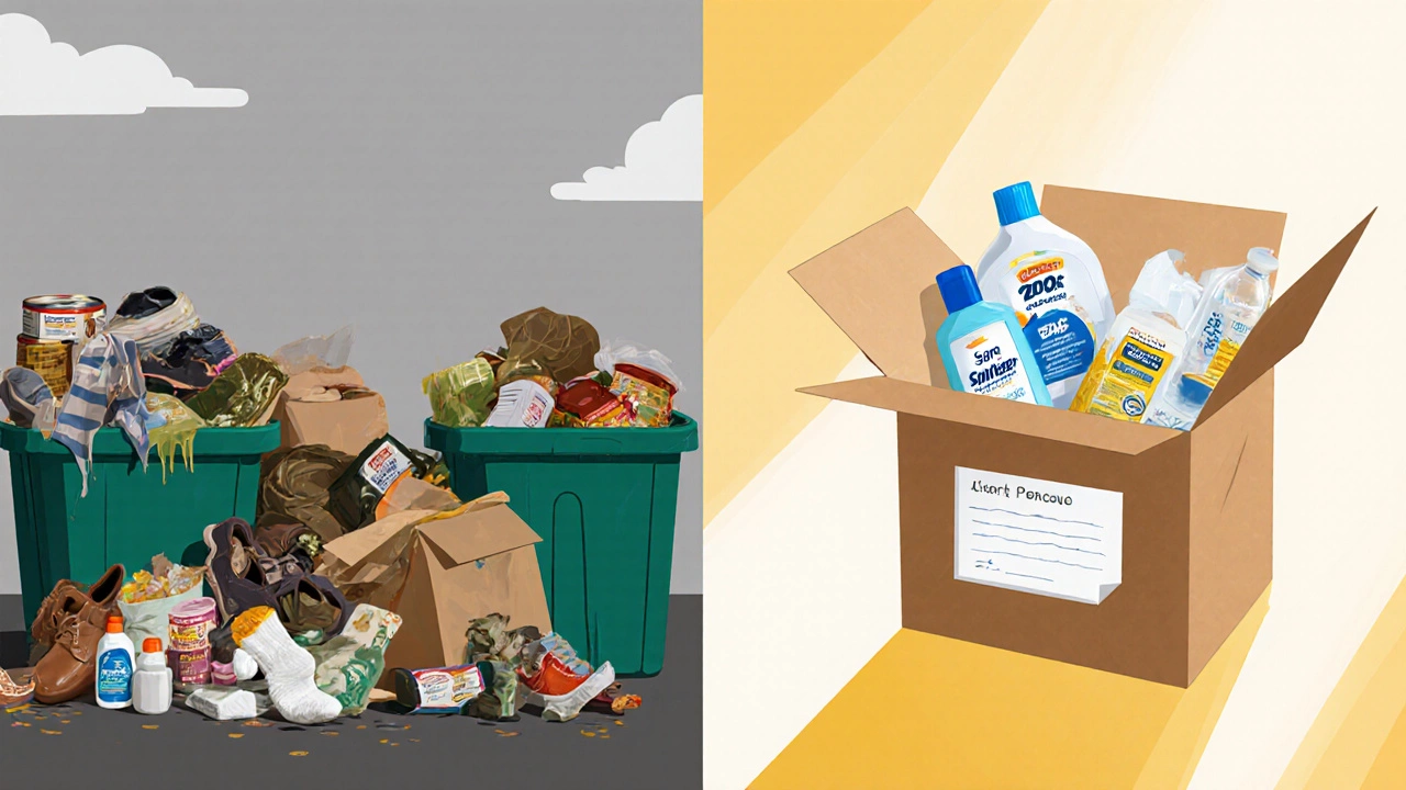 Split image: chaotic pile of useless donations vs. organized essentials with sunlight.