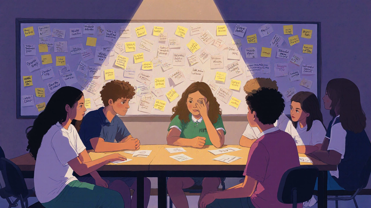 Students gathered around a wall covered in positive sticky notes, sharing personal wins in a quiet circle.