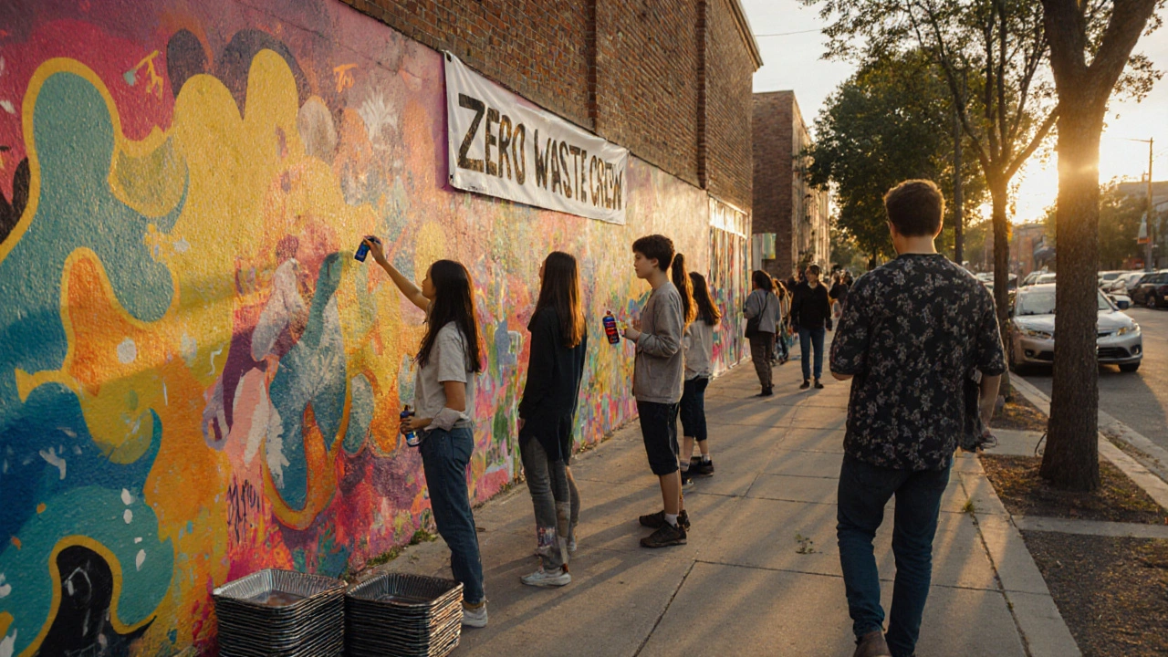 Students painting a vibrant mural on a school wall with reusable trays nearby, urban setting.