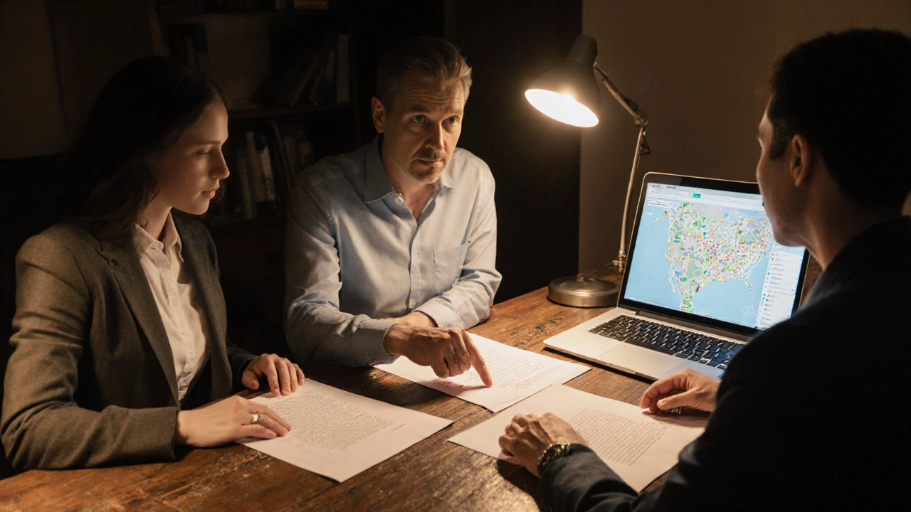 Trustees reviewing documents with a map of charities on a laptop screen.