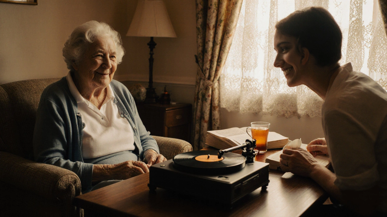 Volunteer playing jazz records for an elderly woman in a care home, afternoon light streaming through curtains.