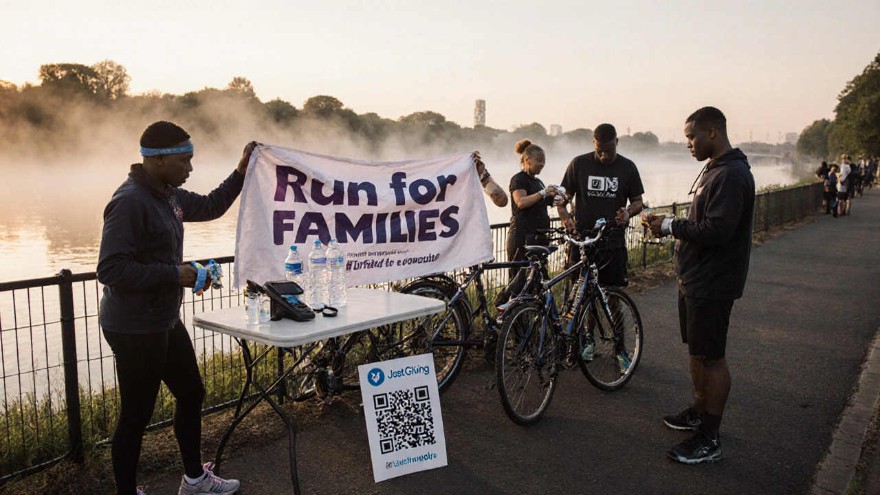 Volunteers preparing for a community fun run along the Avon River at sunrise, distributing wristbands and water.