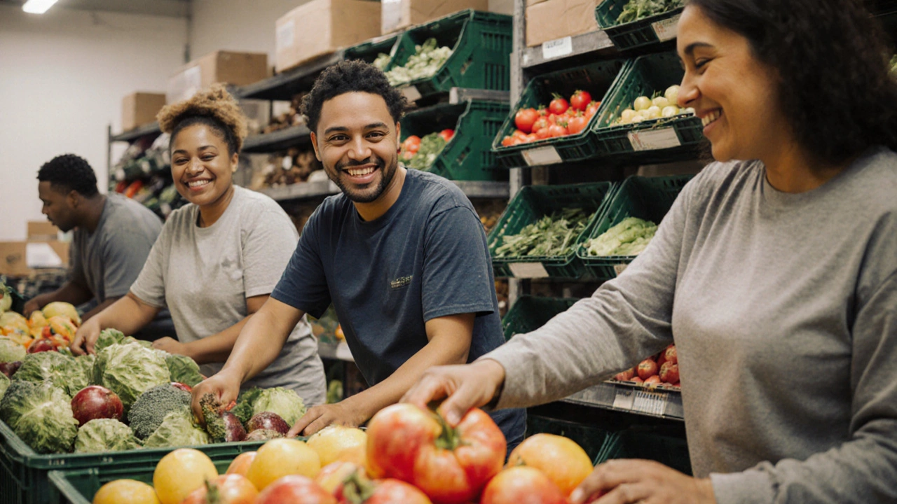 Volunteers sorting fresh produce in a bright community food hub.