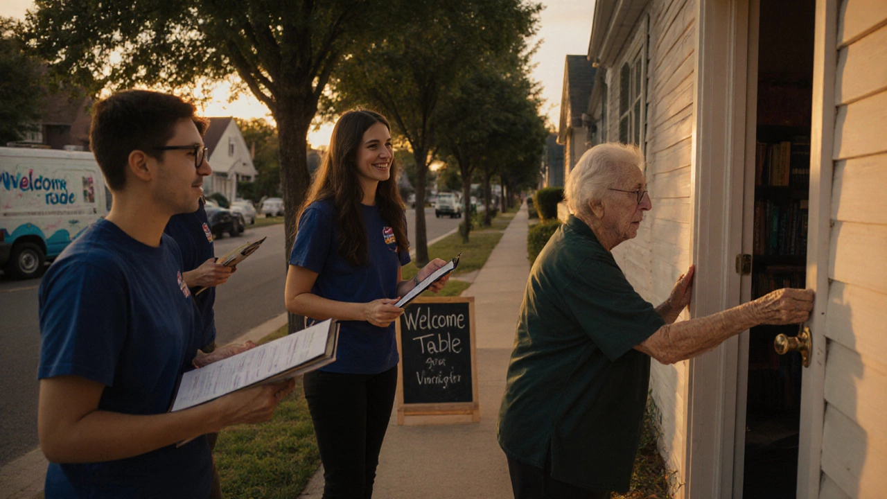 Young volunteers knocking on a door at dusk, invited in by an elderly neighbor.
