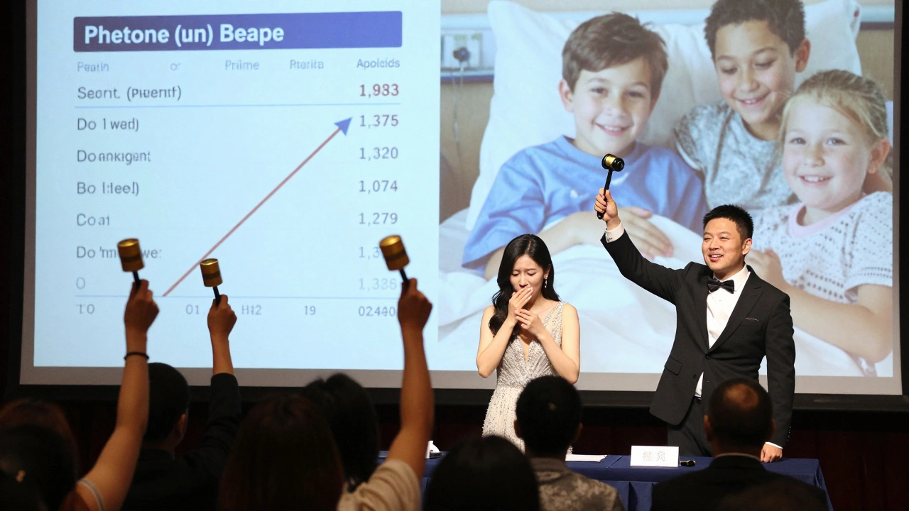A host raises a gavel as guests bid with paddles during a live charity auction.