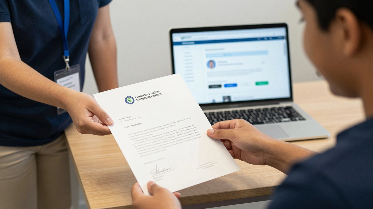 A volunteer receiving a signed verification letter from a nonprofit coordinator in an office setting.