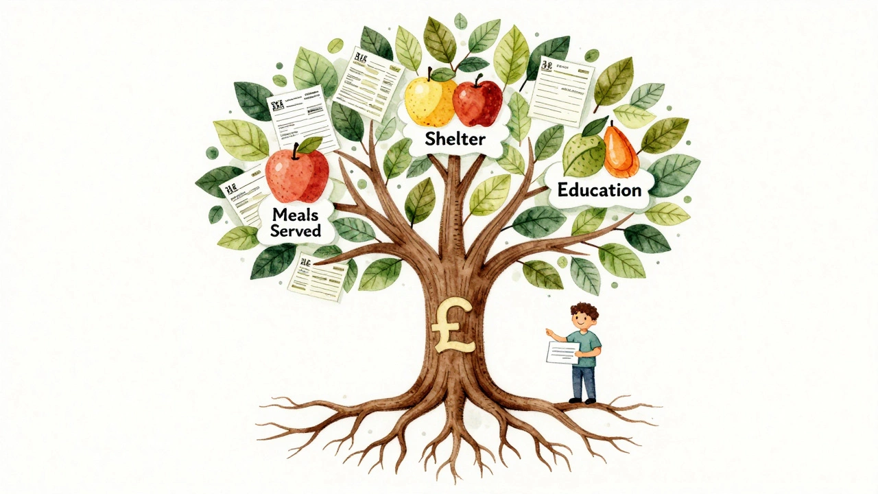 Abstract tree with pound-rooted base and charity impact fruits, person smiling below holding receipt.