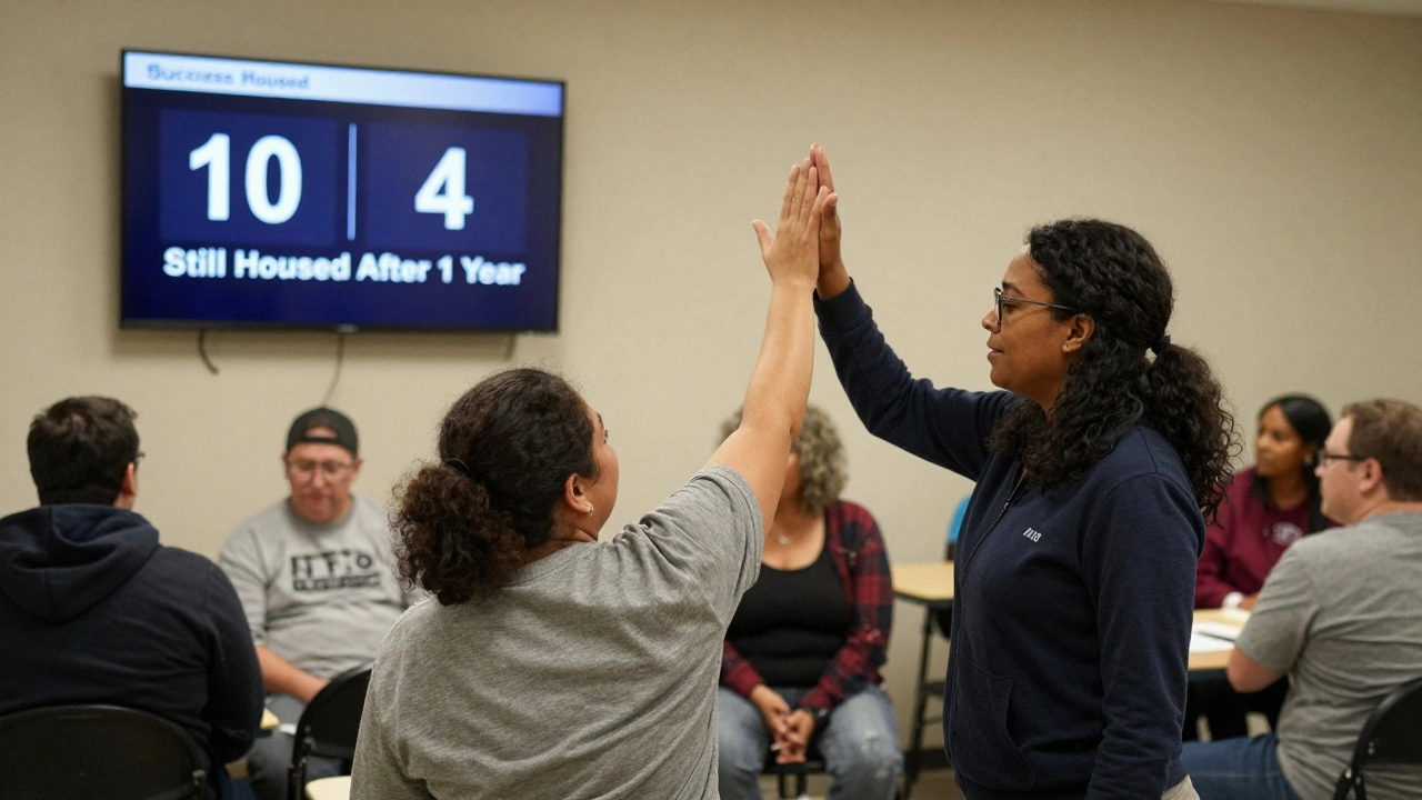 Case worker high-fives a housed resident as a progress dashboard shows success metrics.