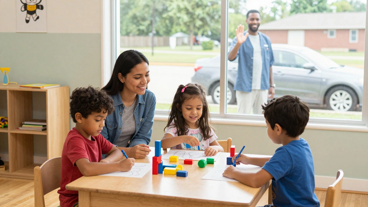 Children learning in a licensed home daycare while a parent departs for work.