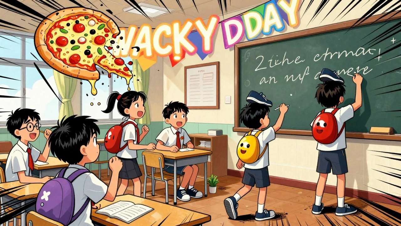 Comic-style classroom with students dressed as food and walking upside down, chalkboard written backwards, vibrant colors and motion lines.