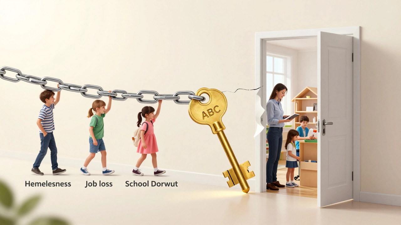 Golden key unlocking a path from homelessness to stable employment and education.