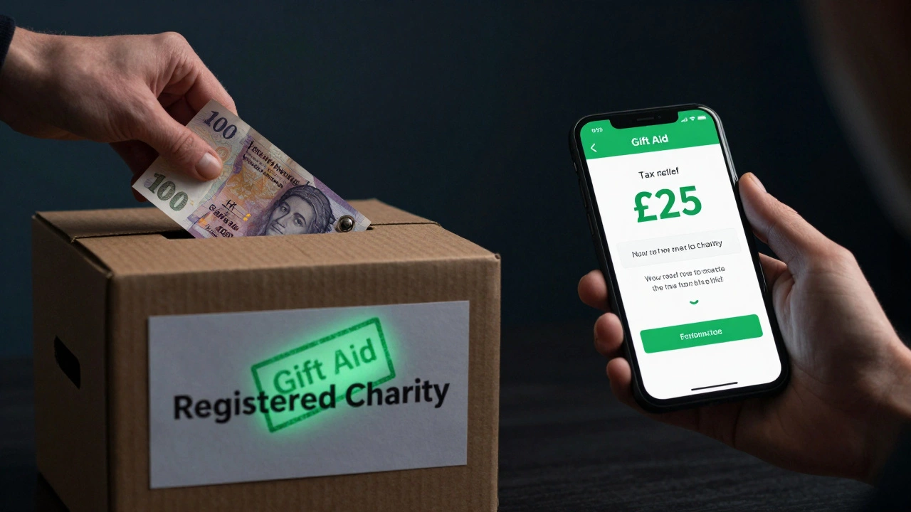Hand donating cash to a charity box while receiving a tax refund notification on smartphone.