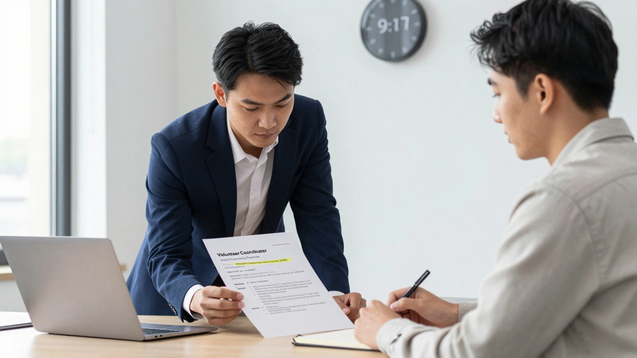 Hiring manager reviewing a resume with highlighted volunteer experience in a modern office.