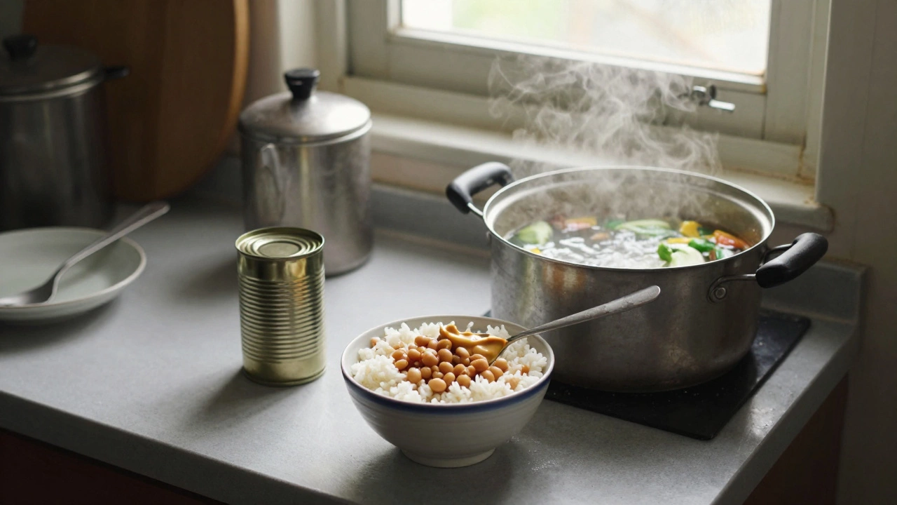 Homemade meal of rice and beans with peanut butter and vegetable broth simmering