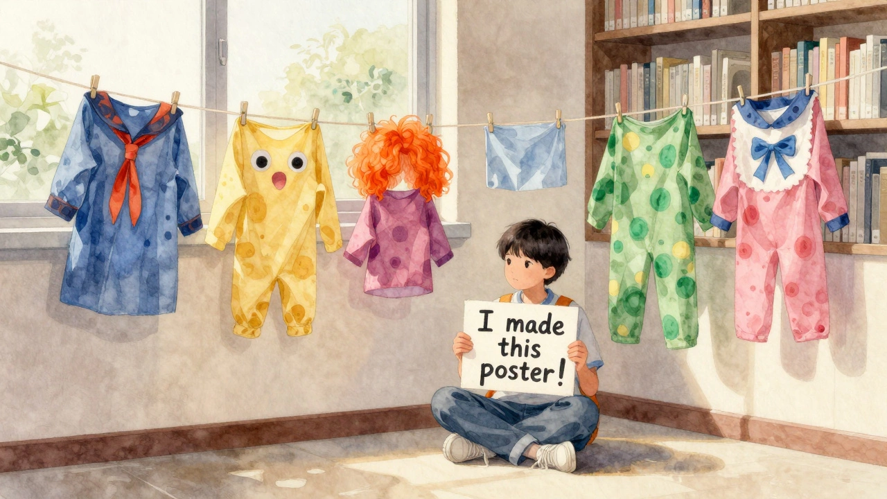 Quiet library corner with a child holding a handmade poster, colorful recycled costumes hanging nearby, soft light and pastel tones.