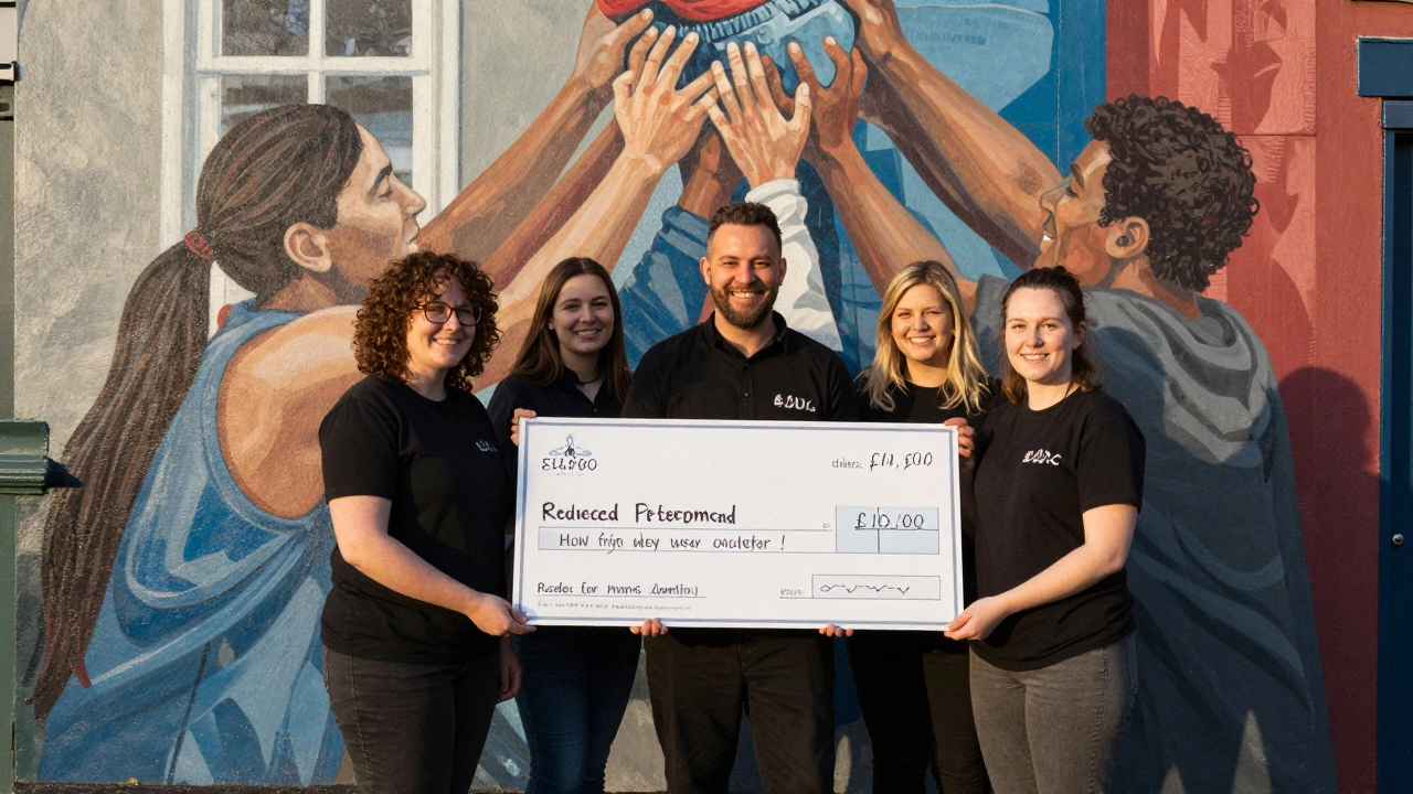 Shelter team celebrates a performance payment with a hand-drawn chart showing reduced homelessness.