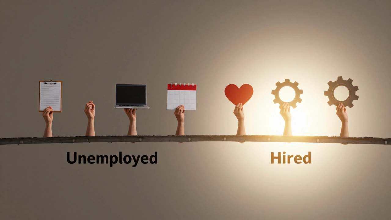 Symbolic bridge of hands connecting unemployment to employment through volunteer impact.