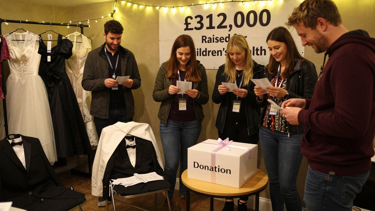 Volunteers count donations at the end of a charity ball with an incubator box visible.
