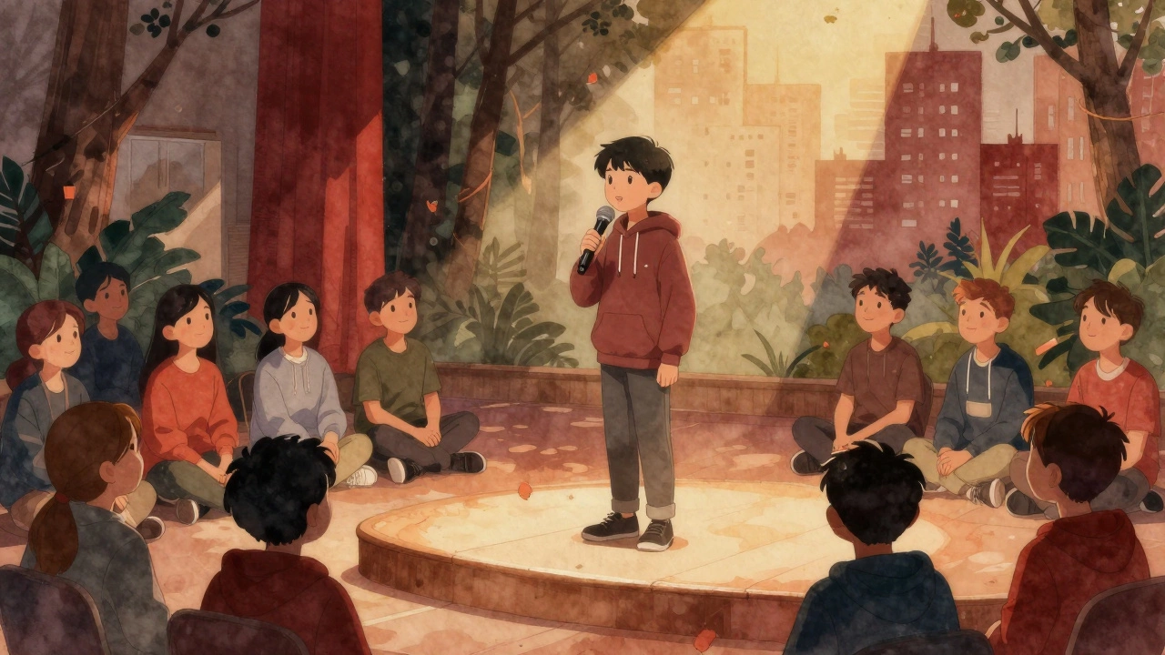 A boy speaking confidently on stage during a drama club performance, peers watching warmly.