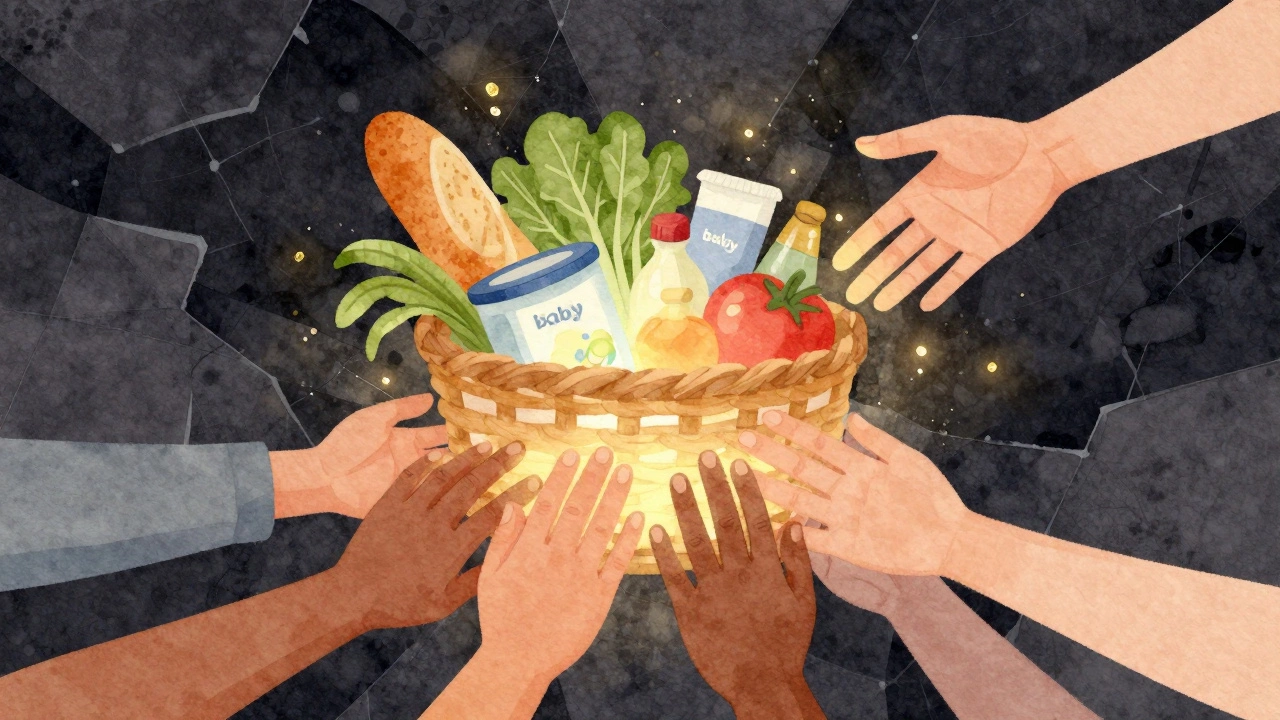A glowing basket of food being supported by many hands, symbolizing community help against hardship