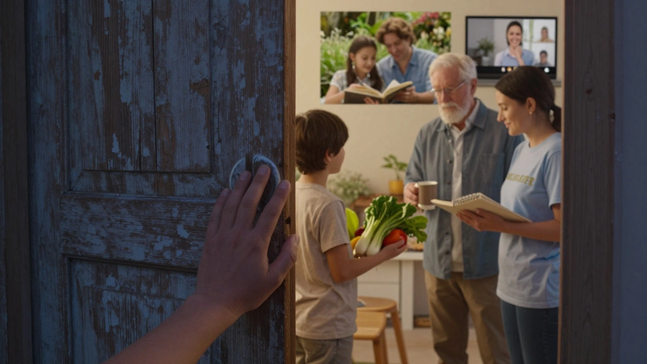A hand knocks on a door at dusk, symbolizing quiet, consistent community connection through small, daily acts.
