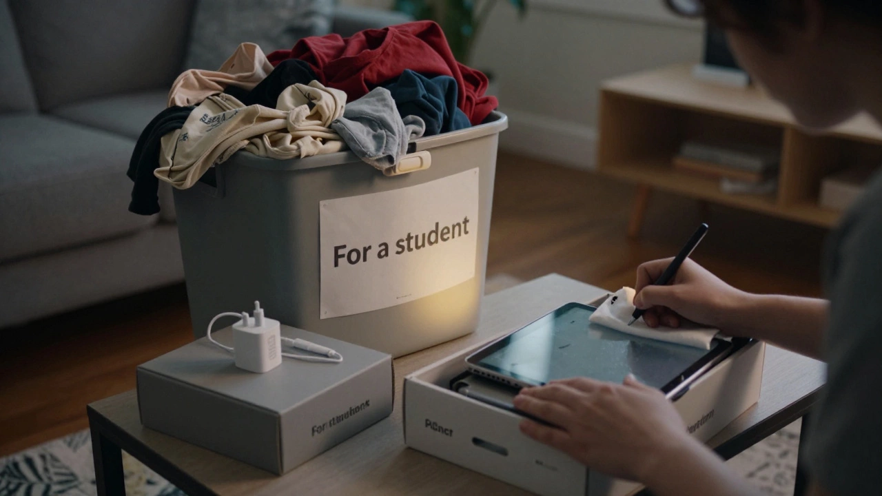 A person cleaning and packing a working tablet for donation, beside discarded clothes.
