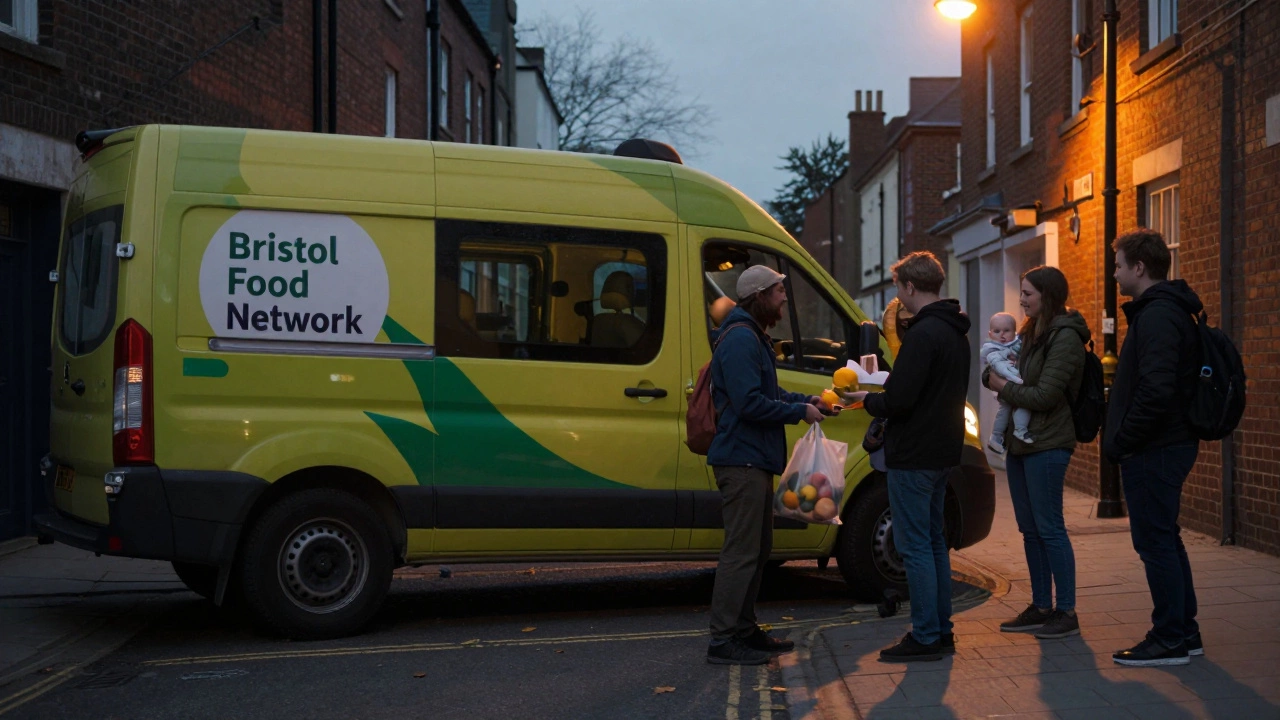 An outreach van distributing grocery bags to people in a city alley at dusk, one person holding a bag with food and a baby