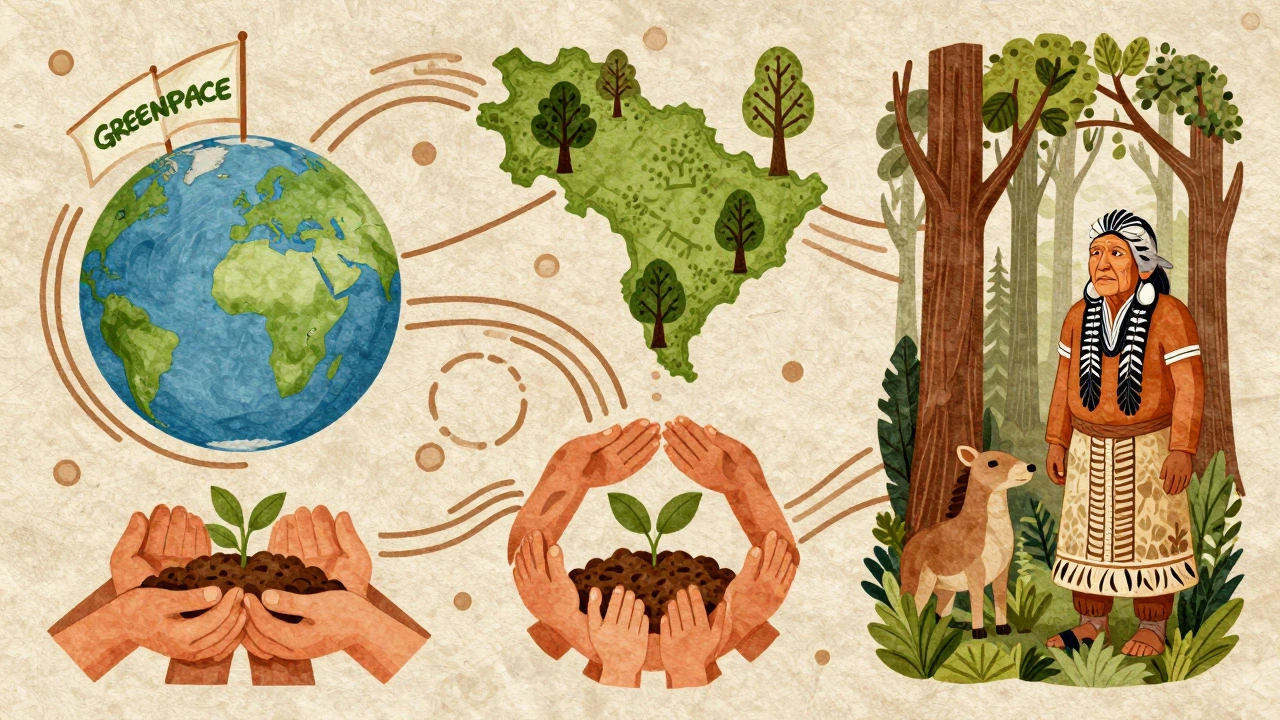 Four interconnected symbols representing global, national, community, and Indigenous environmental groups