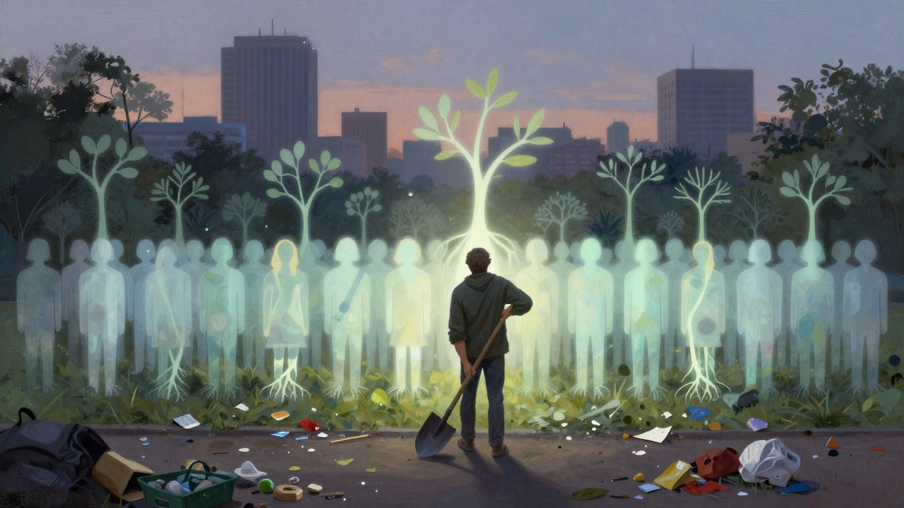 One person holding a shovel as thousands of translucent environmental activists emerge behind them