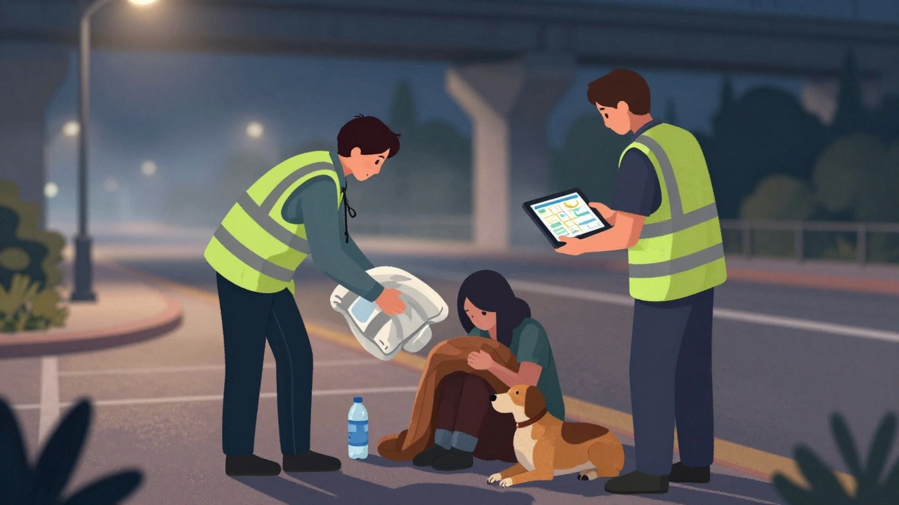 Outreach workers offer a blanket and water to a person under a bridge at night, with a tablet in hand.