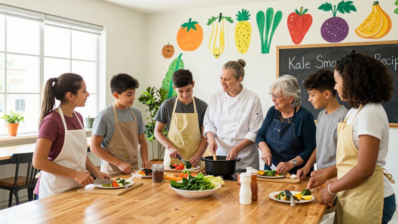 Parents and teens cook together in a community center, learning budget-friendly recipes with guidance from a retired chef.