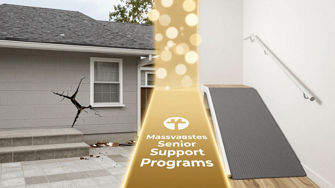 Split image contrasting unsafe home conditions with safe repairs funded by senior programs.