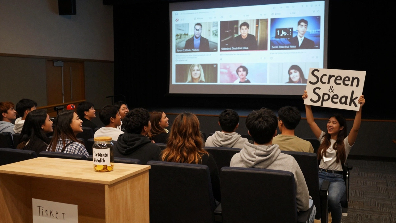 Teens watching local films in a school auditorium, a handmade ticket jar labeled for mental health nearby.