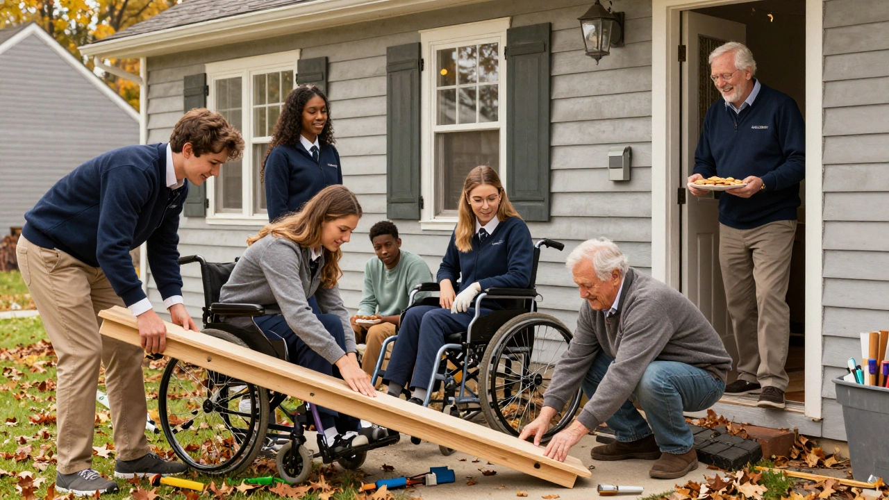 Volunteers building a wheelchair ramp for a senior, with the homeowner smiling nearby.