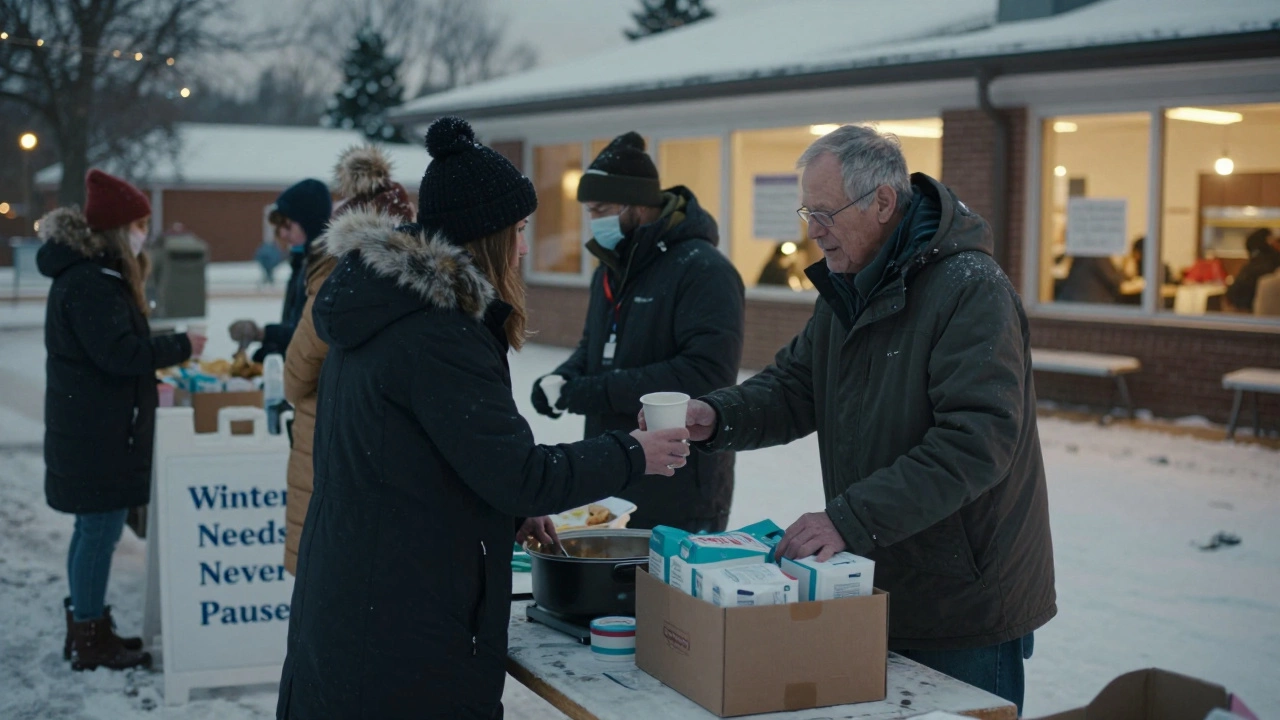 Volunteers serving meals at a community center during winter dusk.