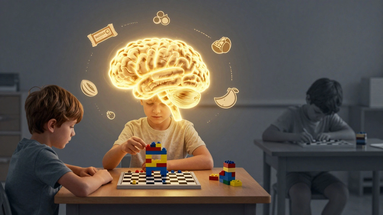 A child's glowing brain with healthy nutrients, contrasted with a tired child slumped at a desk.