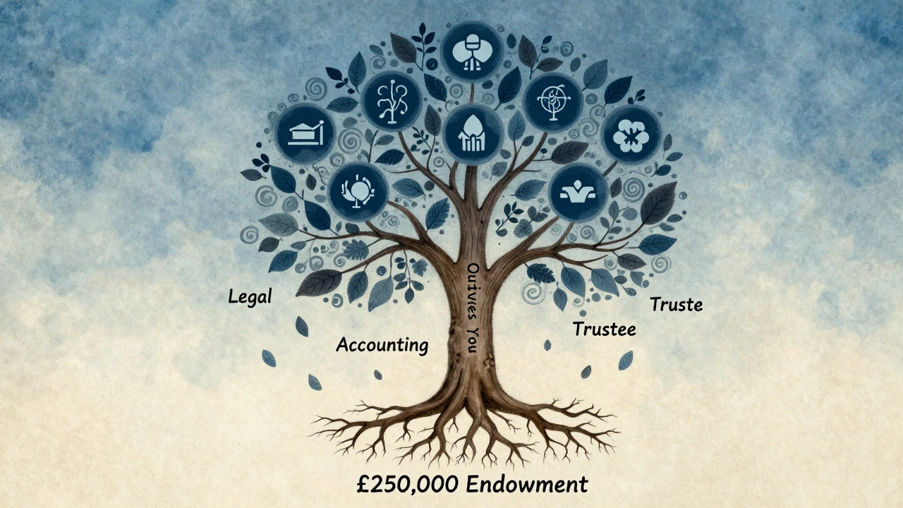 A symbolic tree representing a charitable trust, with roots labeled 'Endowment' and branches supporting causes like education and environment.