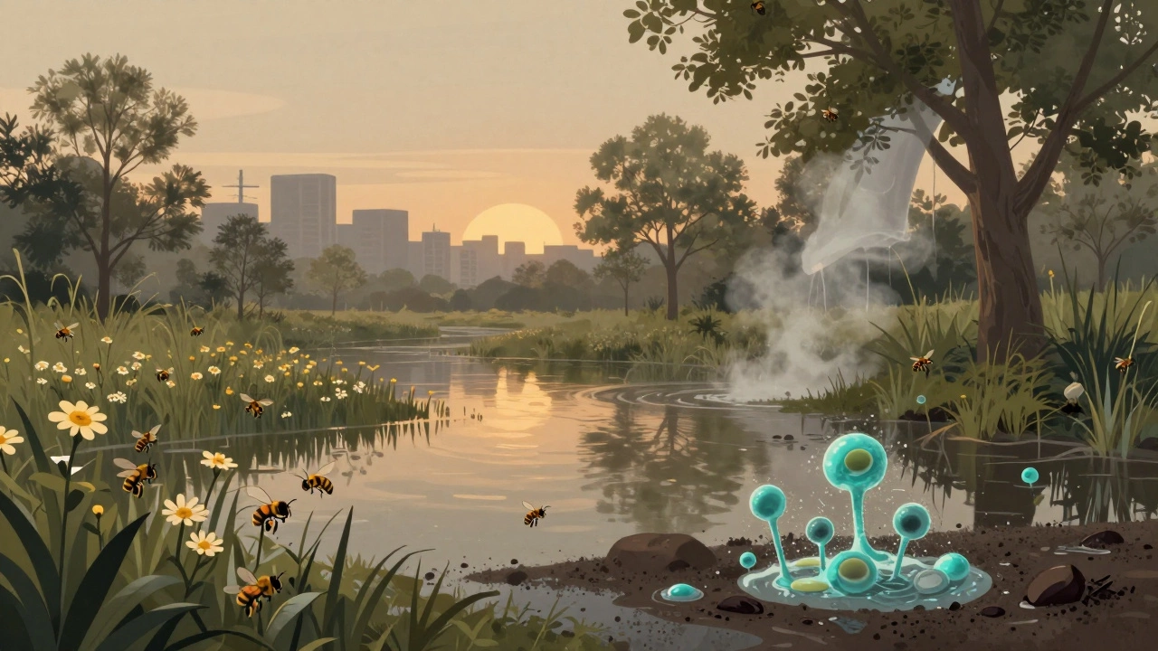 A wetland absorbing floodwaters while bees pollinate and microbes enrich the soil.