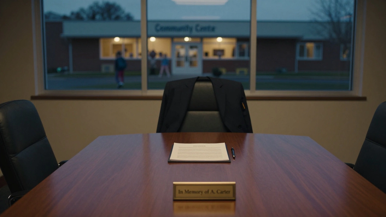 An empty boardroom at dusk with a trust deed and plaque, a community center glowing in the distance, evoking legacy and absence.