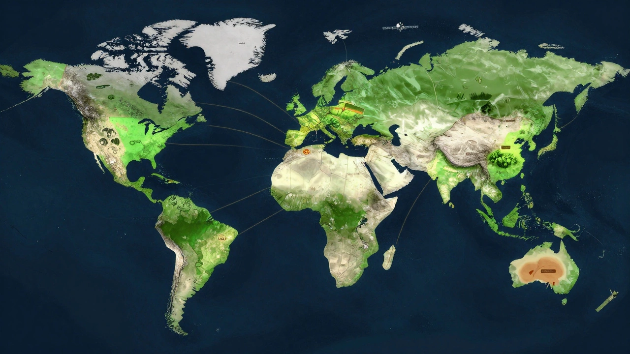 Global map showing glowing protected areas across 70 countries, connected by data lines.