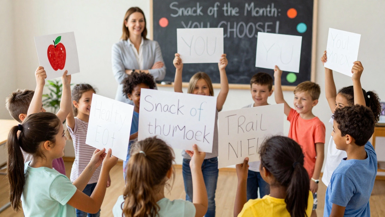 Kids holding up healthy snack choices in a voting circle, with a chalkboard saying 'Snack of the Month'.