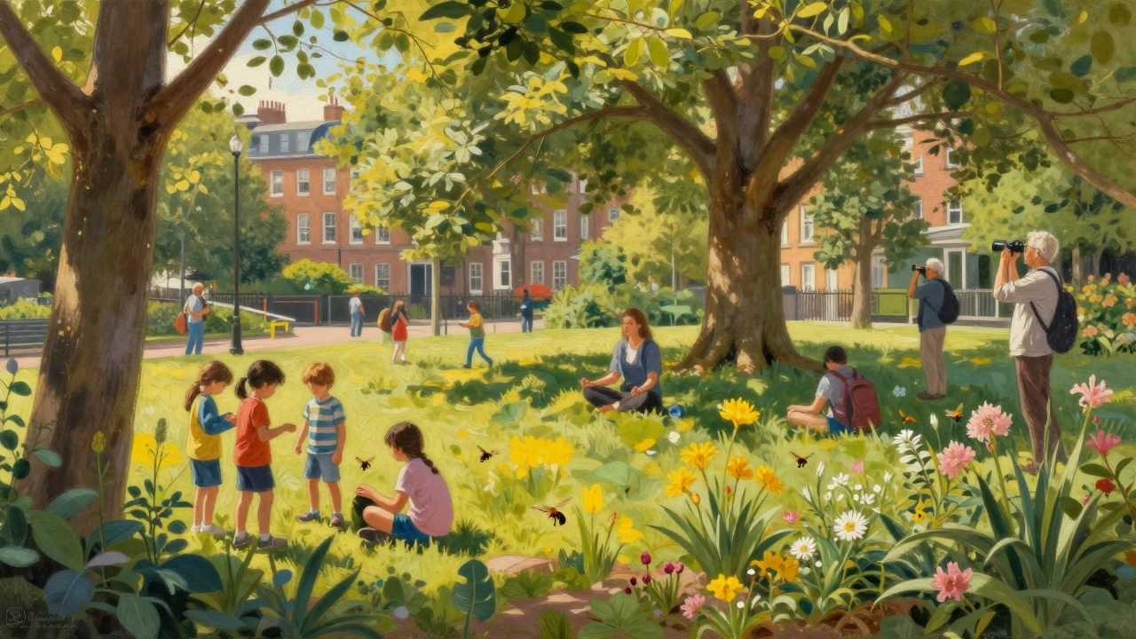 People enjoying an urban park, connecting with nature for recreation and well-being.