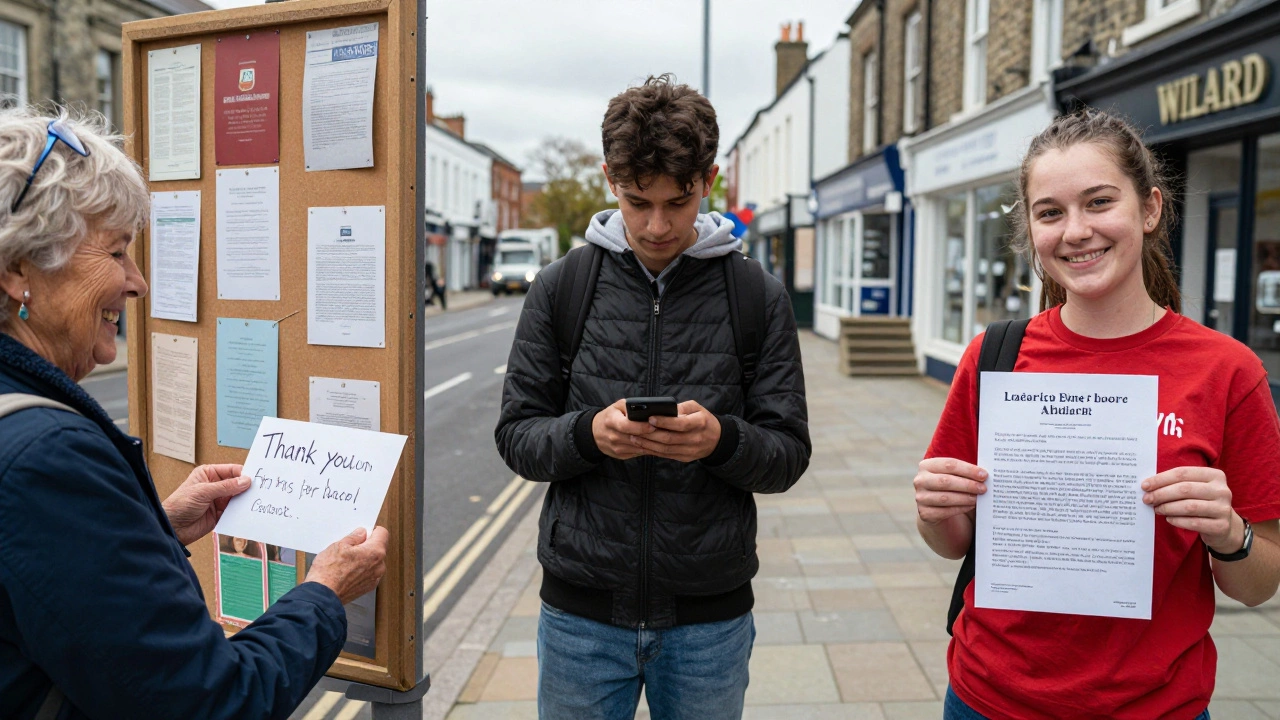 Three candid moments: a thank-you card, a text alert, and a shop owner holding a flyer in a neighborhood setting.