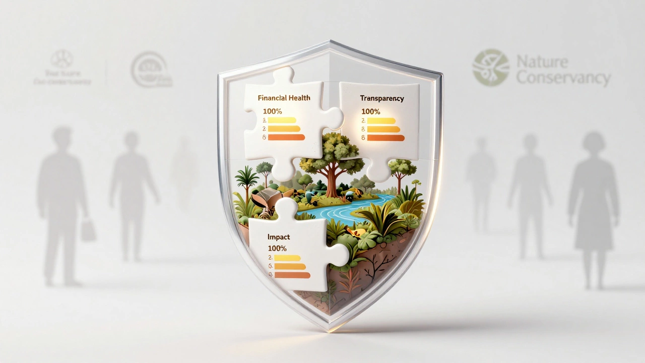 Transparent shield made of four glowing puzzle pieces labeled with charity rating criteria, holding nature.