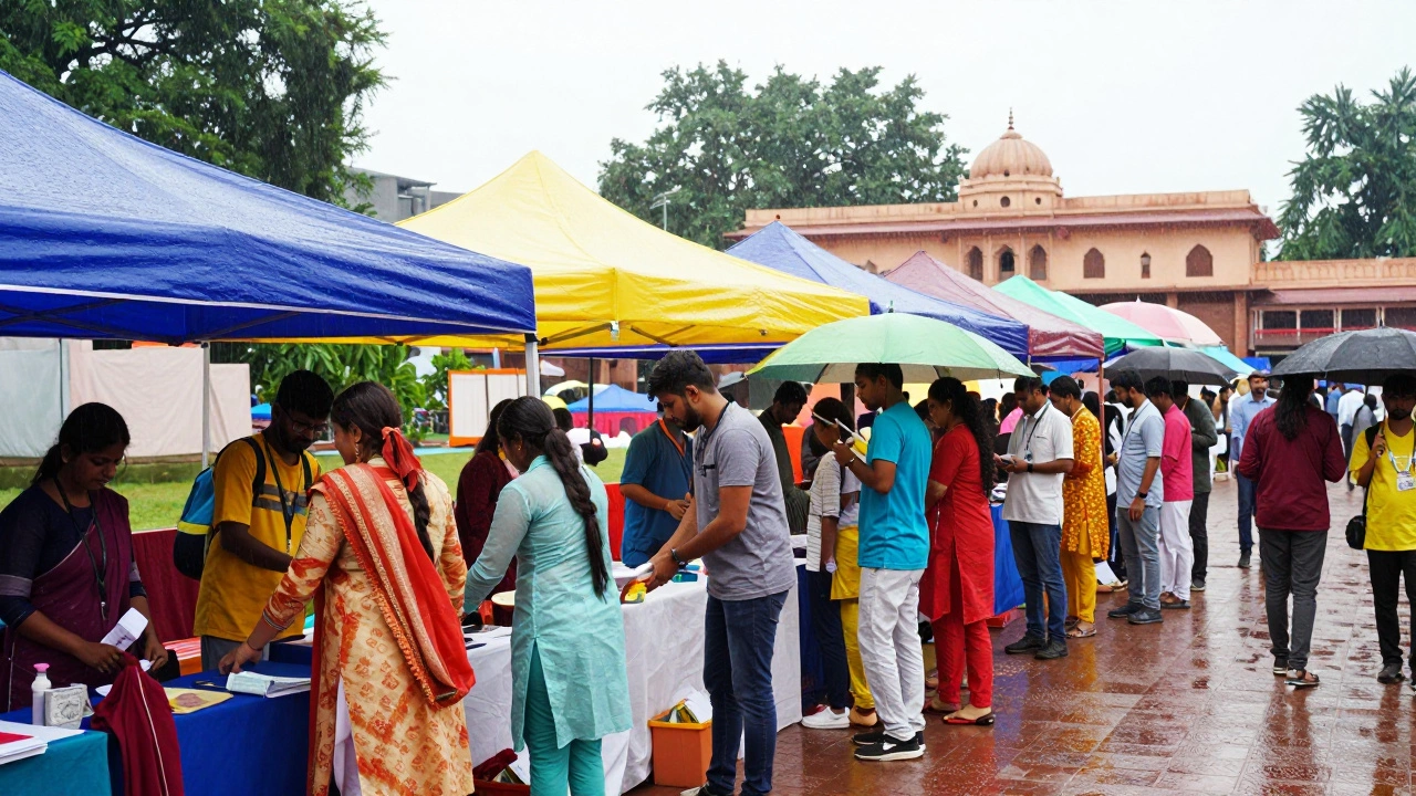 Volunteers setting up tents during rain at Indian charity event