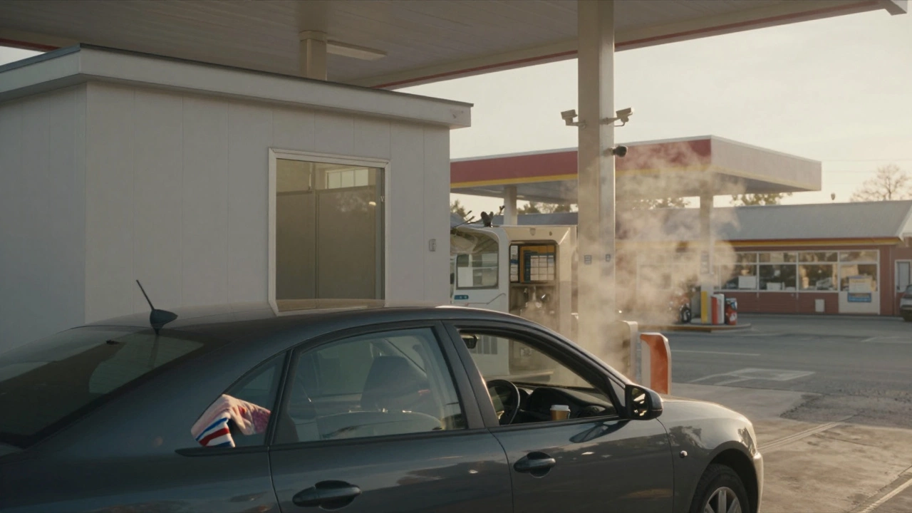 A car at a truck stop at dawn, with a thermal blanket visible through the window and coffee cup on the dashboard.