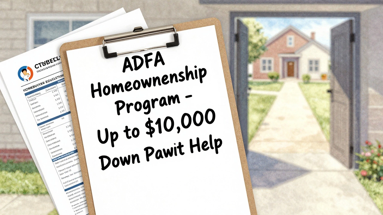 A clipboard with ADFA program details beside financial papers and a homebuyer certificate, with a symbolic path to a house.