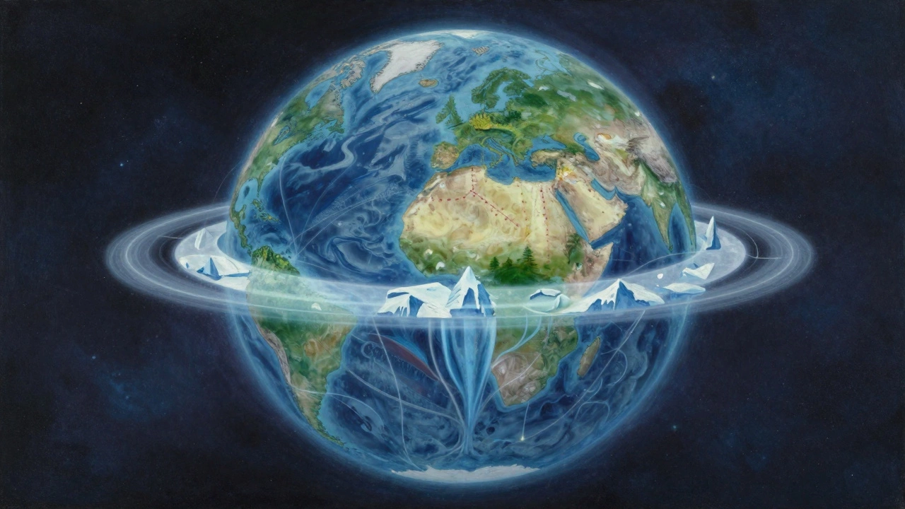 A glowing biosphere encircles Earth, showing nested ecosystems from local woodlands to polar ice.